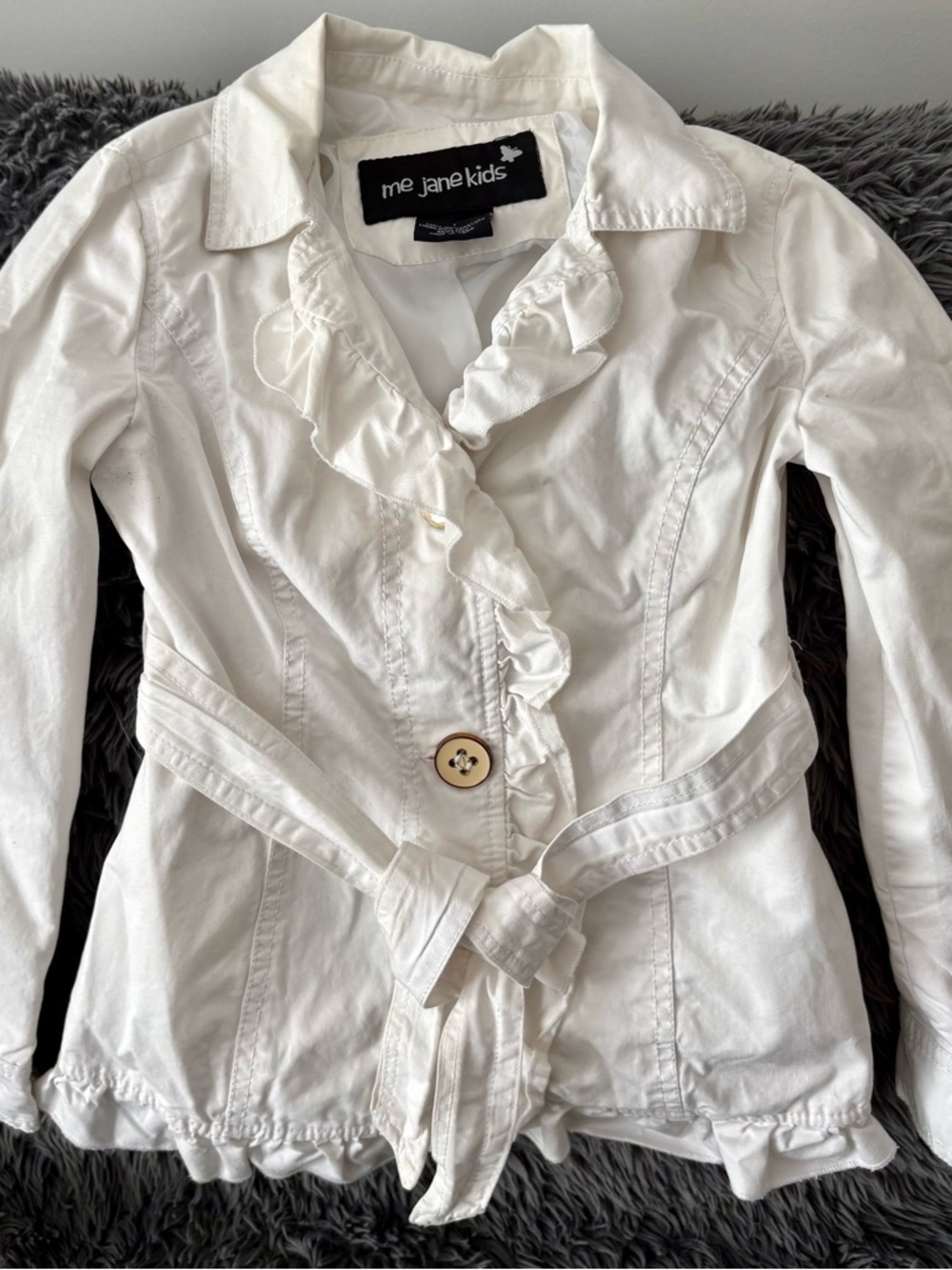 Me Jane Cream Ruffle-Front Belted Trench Coat